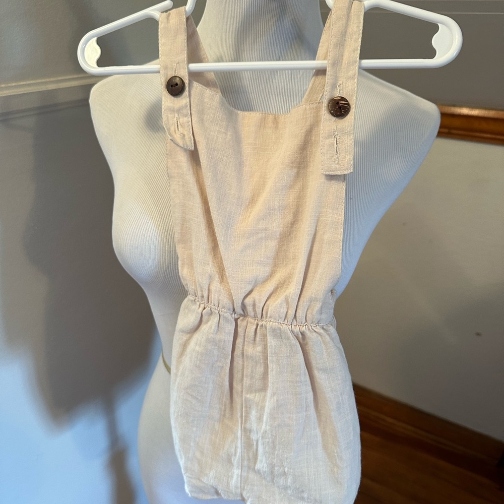 Beige tan Sleeveless Romper with Button Straps and cross back 3-4 boys